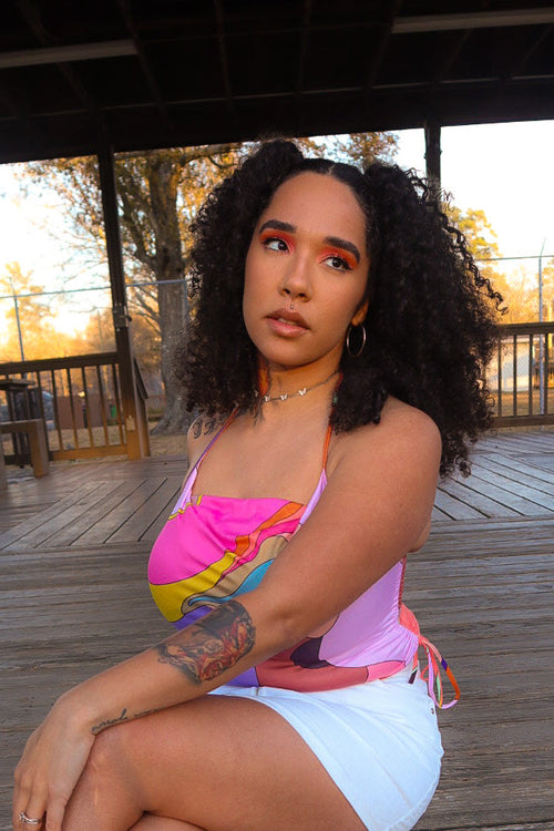 Abstract silk halter top