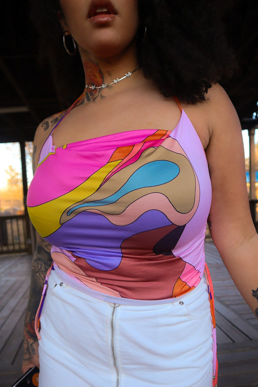 Abstract silk halter top